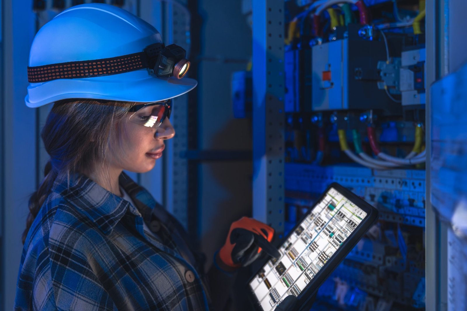 female-electrician-checks-control-cabinet-blue-light-electrical-inspection (1)